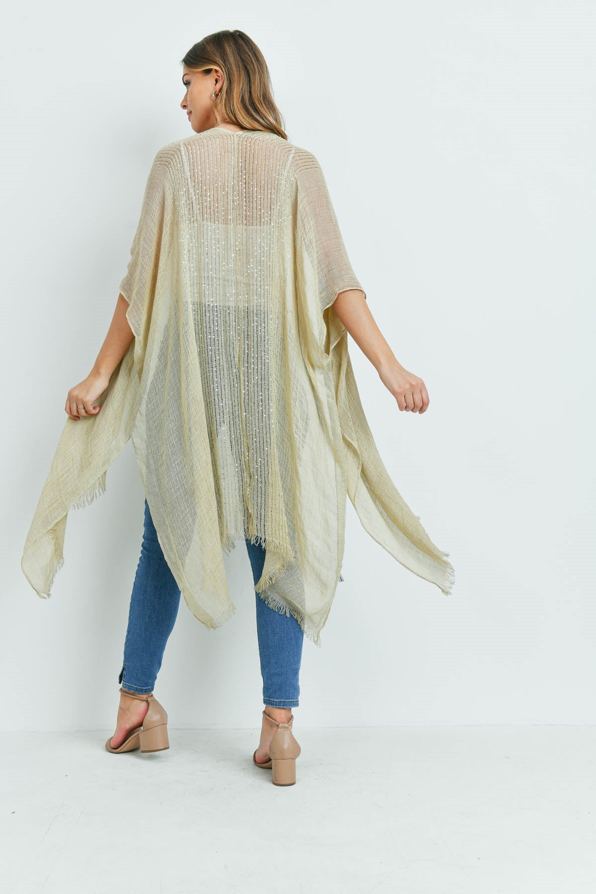 Silver-sequined Kimono in SAND BEIGE