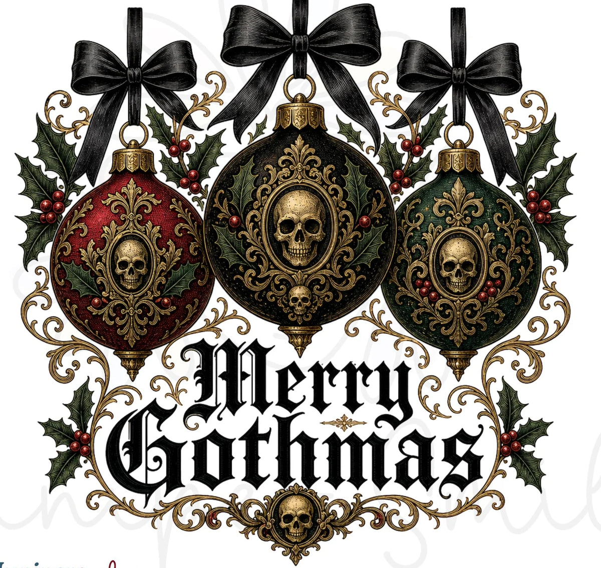 "Merry Gothmas" Skull Ornaments Holiday Printed Shirt