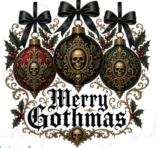 "Merry Gothmas" Skull Ornaments Holiday Printed Shirt