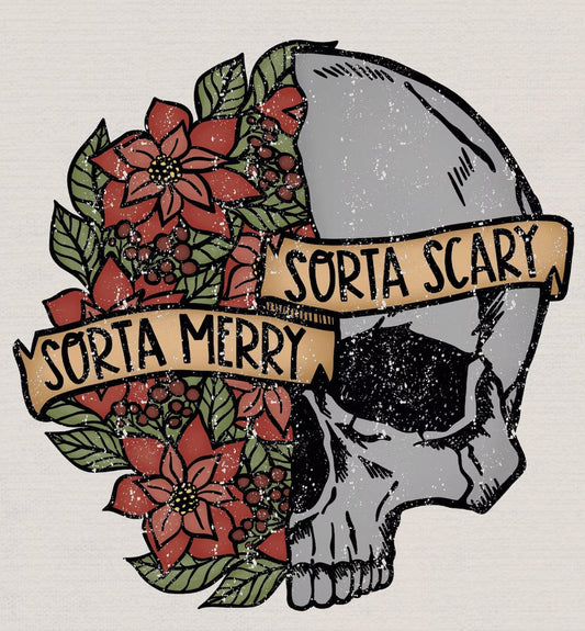 "Sorta Merry, Sorta Scary" Alt Goth Skull Christmas Holiday Printed Shirt